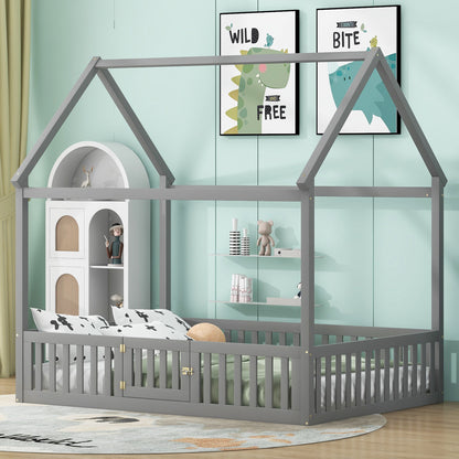 Wood House Bed With Fence And Door
