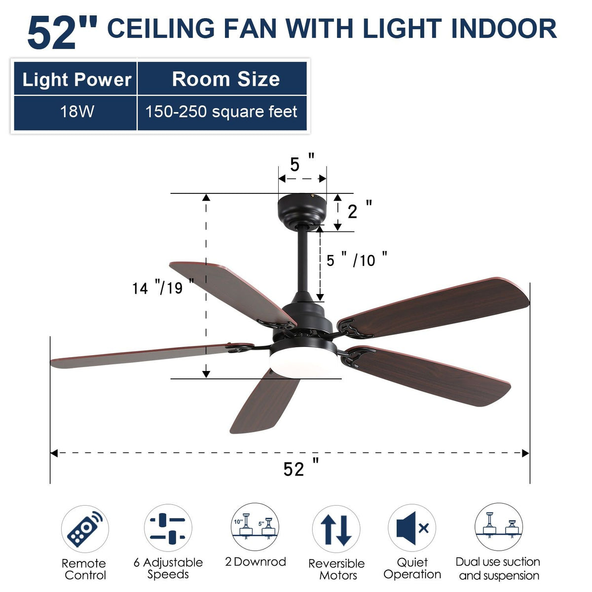 52" Ceiling Fan With LED Light, 6 Speed DC Motor, Remote Control - Matte Black