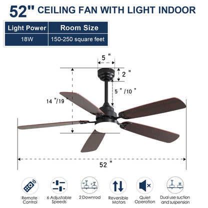 52" Ceiling Fan With LED Light, 6 Speed DC Motor, Remote Control - Matte Black