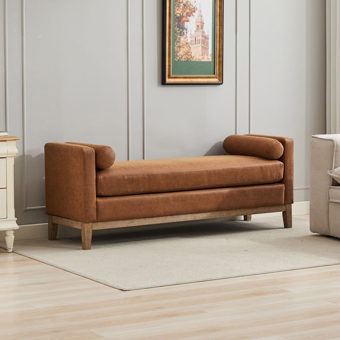 Elegant Upholstered Bench Daybed Ottoman With Bolster Pillows