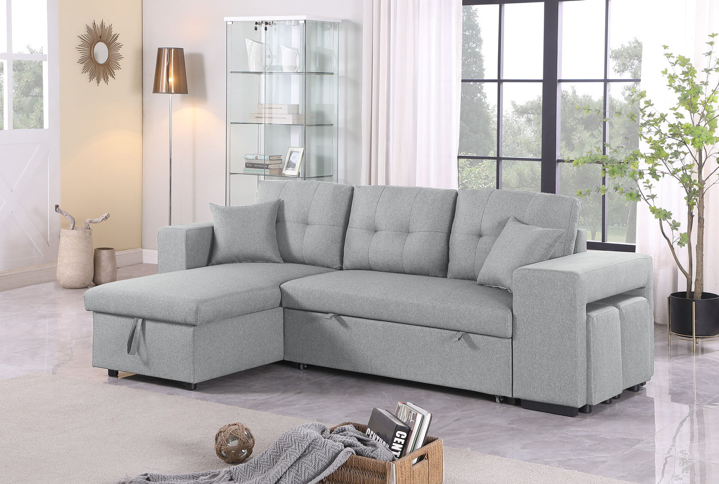 Daniel - Upholstered Reversible Sectional With Pull Out Loveseat - Light Gray
