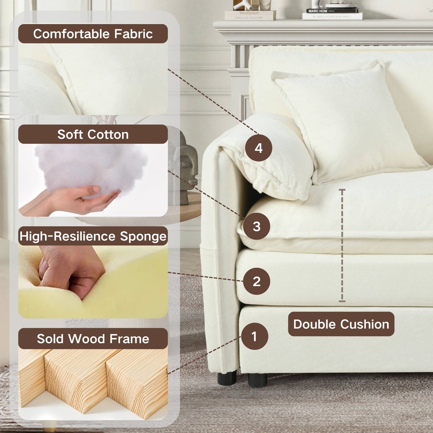 Modern Comfy Deep Seat Modular Sectional Sofa Cloud Couch With Ottoman