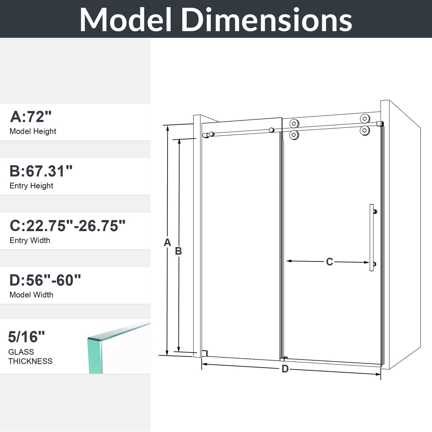 Frameless Single Sliding Shower Door With Clear Tempered Glass
