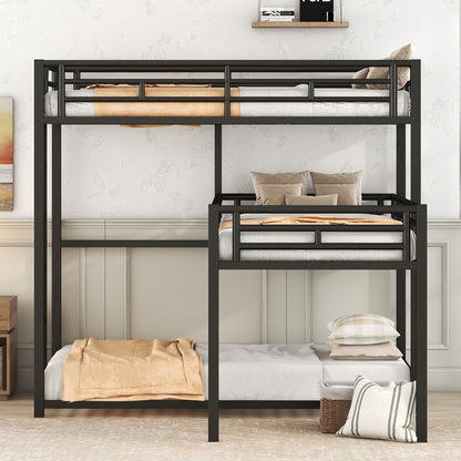 L-Shaped Triple Twin Size Bunk Bed, Industrial Design With Integrated Ladder And Full Length Guardrails - Black