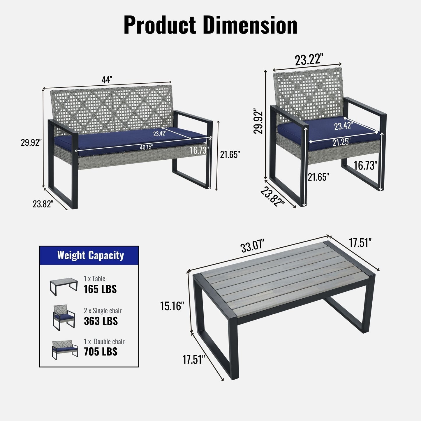 4 Piece Patio Furniture Set With Acacia Wood Table Top And Cushions