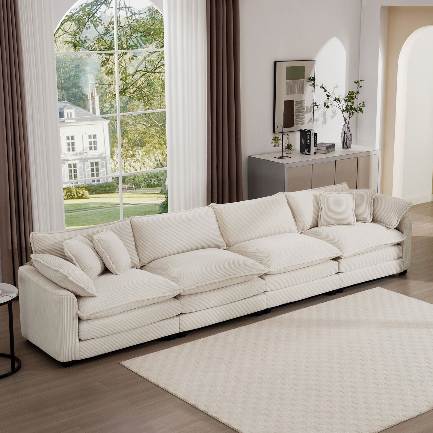 Modern Upholstered 4 Seater Fabric Sofa With Arm And Throw Pillows