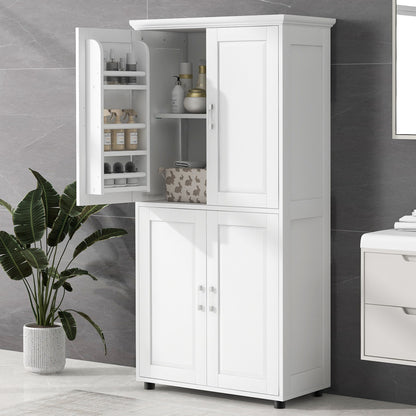Tall And Wide Bathroom Floor Storage Cabinet With 4 Doors, Adjustable Shelves - White