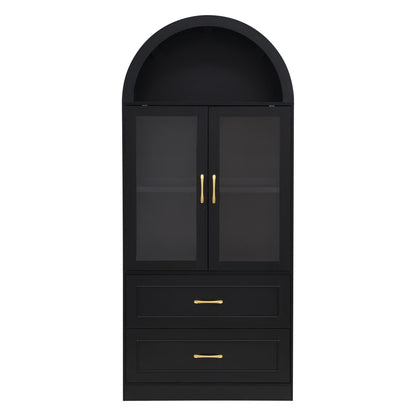 Arched Top Storage Cabinet With Fixed 2 Tier Shelves, 2 Large Drawers