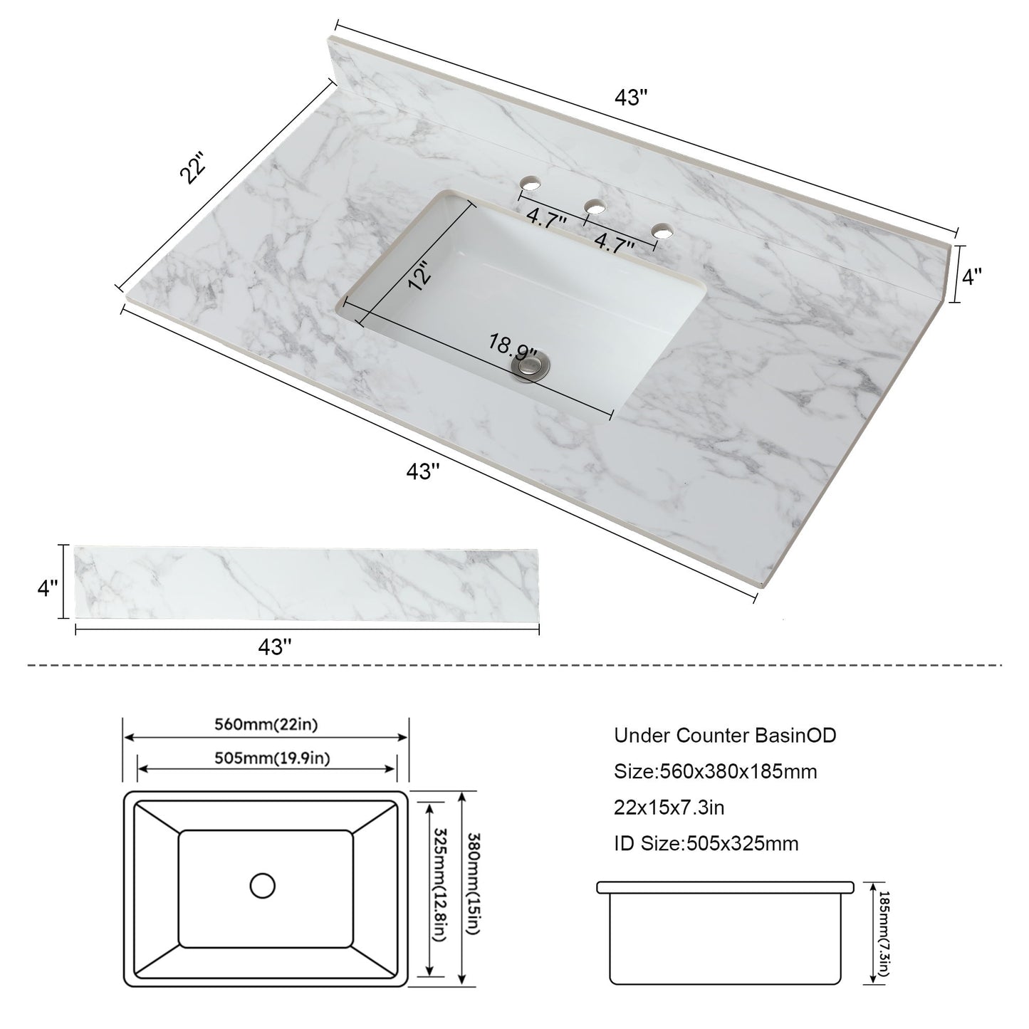 Elegant Sintered Stone Bathroom Vanity Top With Rectangular Undermount Ceramic Sink
