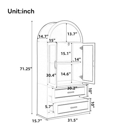 Arched Top Storage Cabinet With Fixed 2 Tier Shelves, 2 Large Drawers