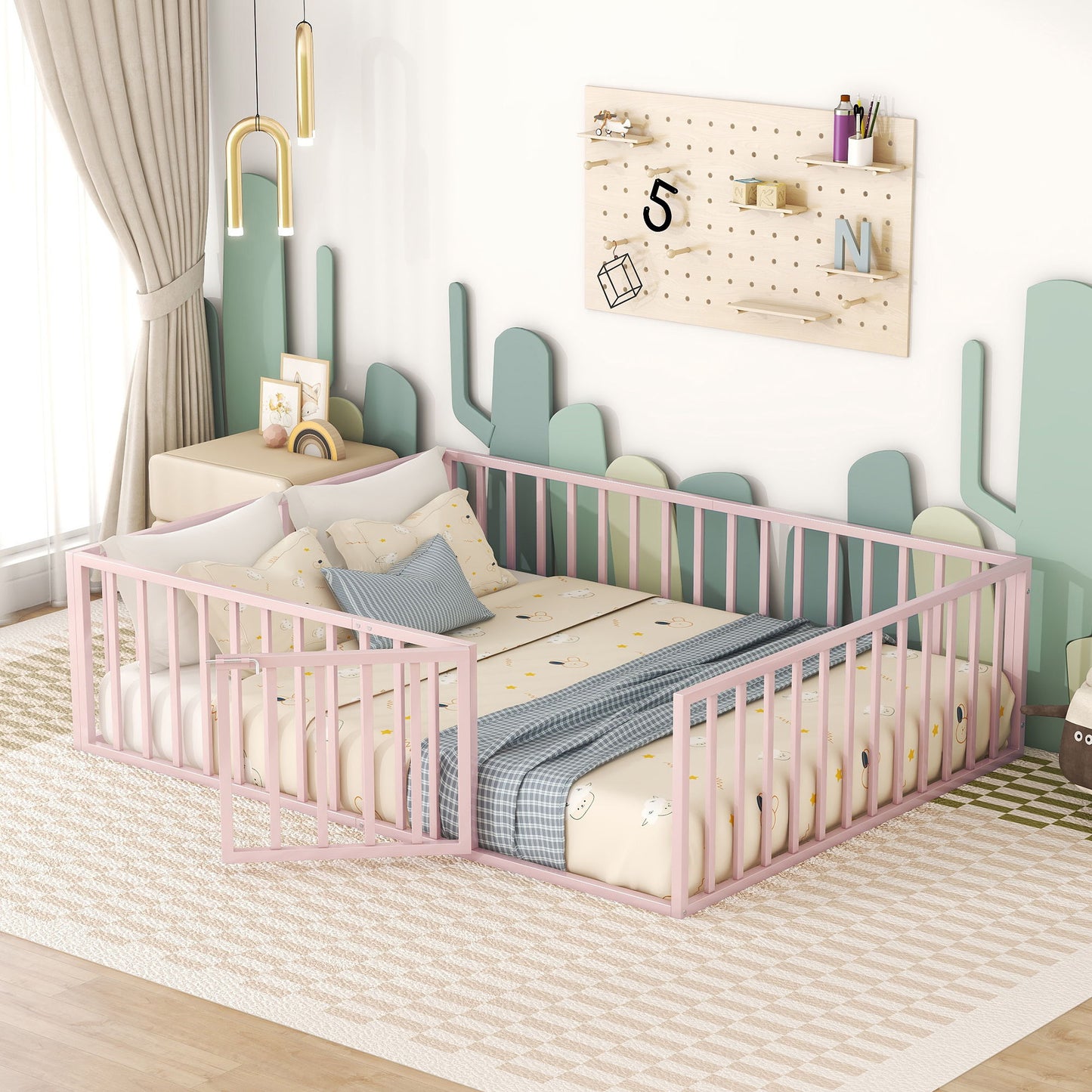 Metal Floor Bed Frame With Fence And Door