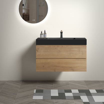 Alice - Natural Oak Bathroom Vanity With Sink, Large Storage Wall Mounted Floating Bathroom Vanity For Modern Bathroom, One-Piece Sink Basin Without Drain