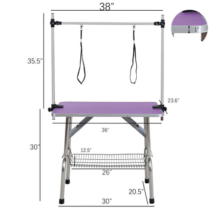 Folding Dog Pet Grooming Table Stainless Steel Frame Rubber Mat On Board With Adjustable Arm And Clamps Pet Dog Cat Grooming Table