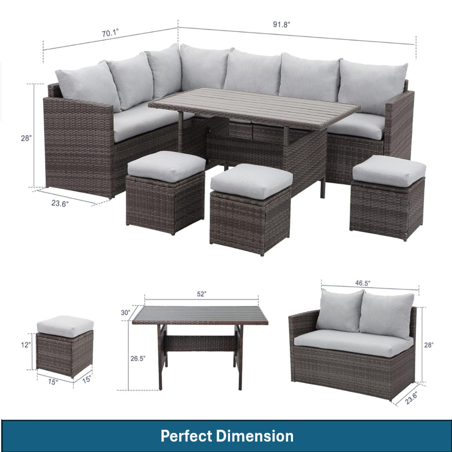 7 Piece All Weather Patio Dining Set With Cushions, Sectional Sofa, Ottomans & Table For Backyard - Gray / Brown