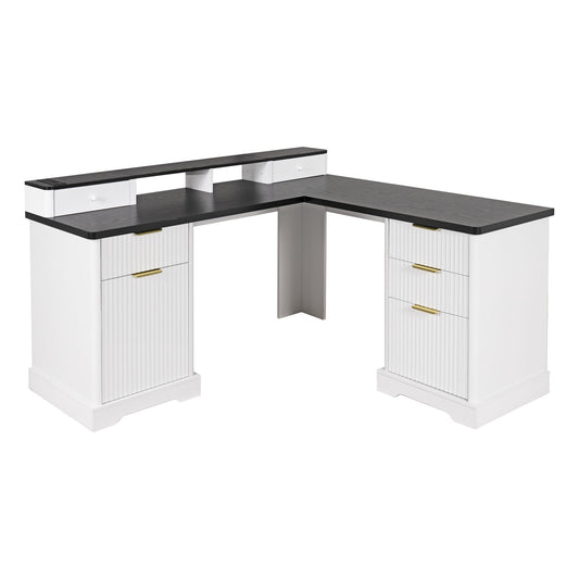 Fluted L-Shaped Desk With Charging Station & Storage Cabinet