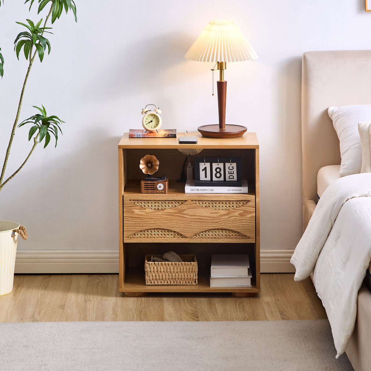 Nightstand With USB Ports & Outlet Hole, End Table With Drawer
