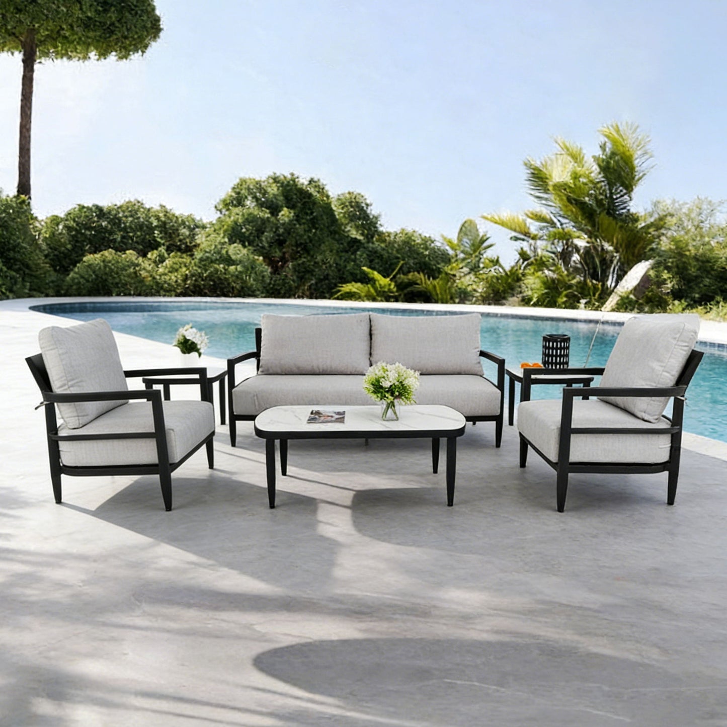 Outdoor Conversation Set With Chairs, Bench Sofa, Tables, Sunbrella Cushions