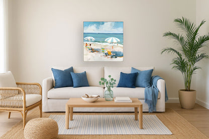 Seaside Umbrella View - 32" x 32" Framed Wall Art - Blue