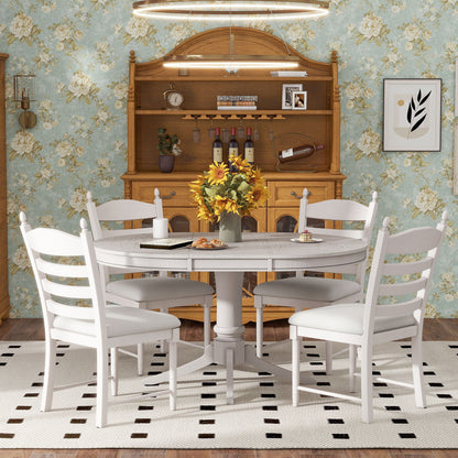 Trexm 5-Piece Retro Functional Dining Table Set Wood Round Extendable Dining Table And 4 Upholstered Dining Chairs (Antique White)