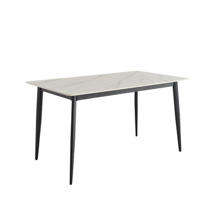 Mid Century Modern Dining Table Round White Sintered Stone Top Heavy Duty Metal Legs Waterproof Surface For Kitchen Dining Room Or Office Furniture - White / Black