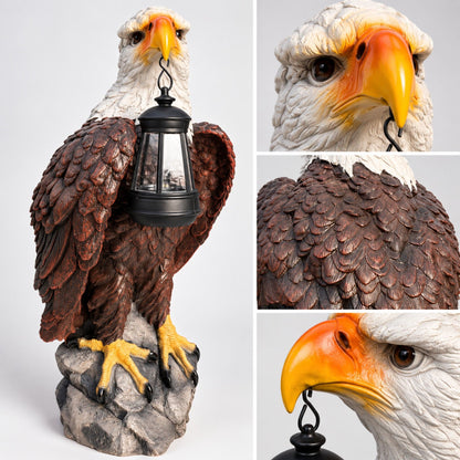 Solar Powered Bald Eagle Statue With Lantern, Outdoor Garden Decor - Black Brown
