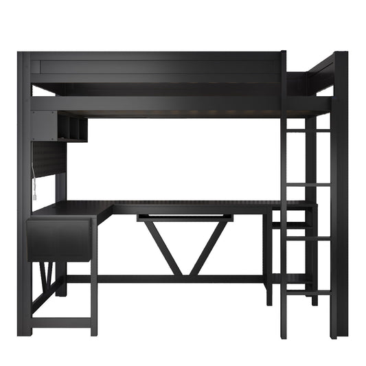 Gaming Loft Bed With Desk, Storage Shelves, LED And Charging Station