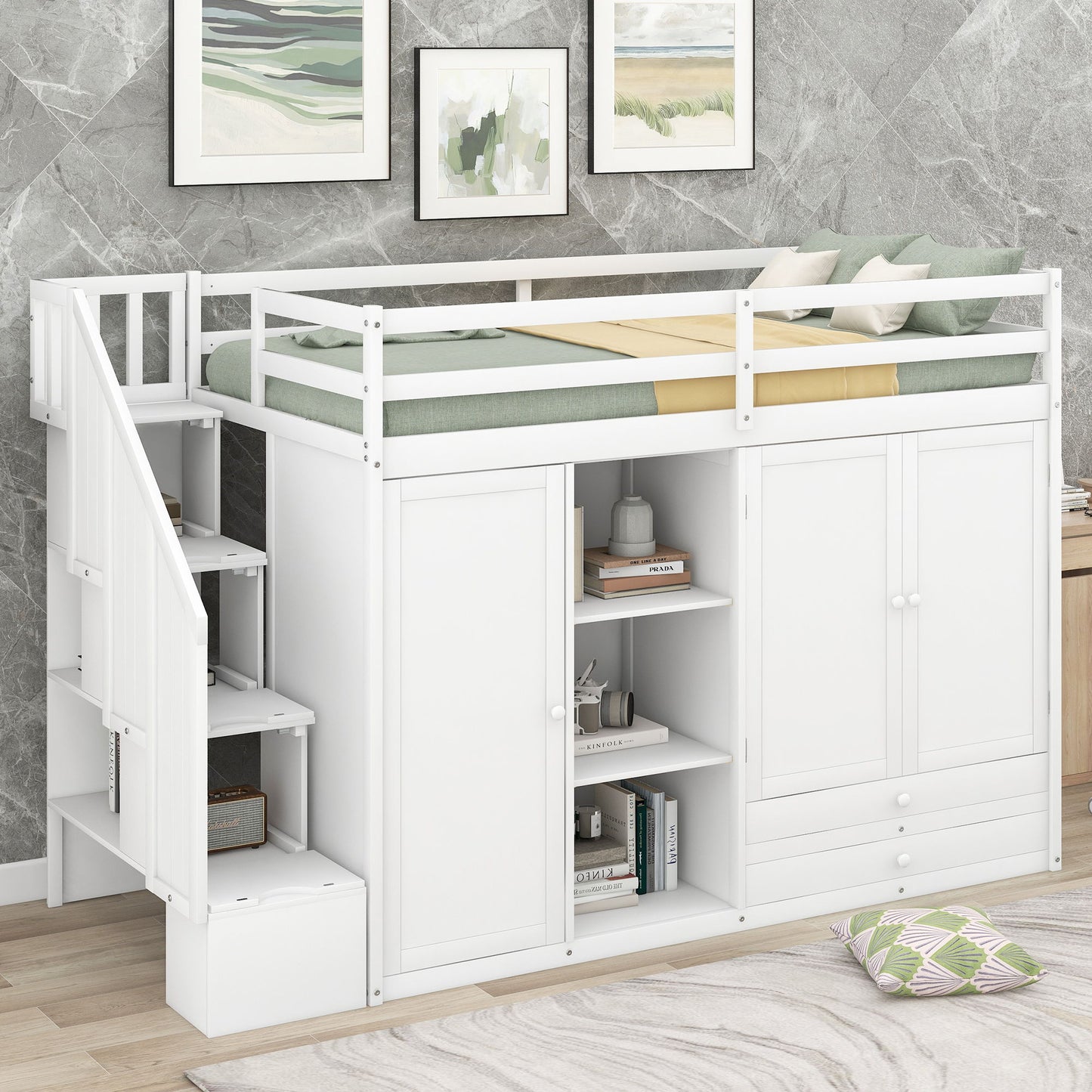 Loft Bed With 3 Shelves, 2 Wardrobes, 2 Drawers, Ladder Storage