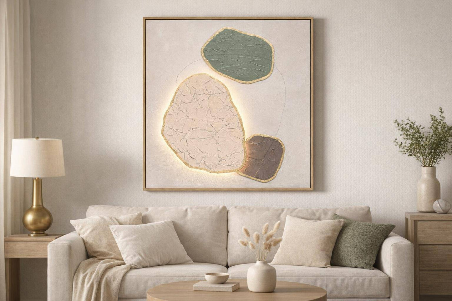 Earthen Forms I Hand-Painted LED Canvas In Frame - Ivory / Sage