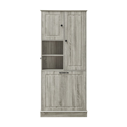Modern Tall Storage Cabinet With Adjustable Shelves, Flip-Out Basket & Enclosed Doors