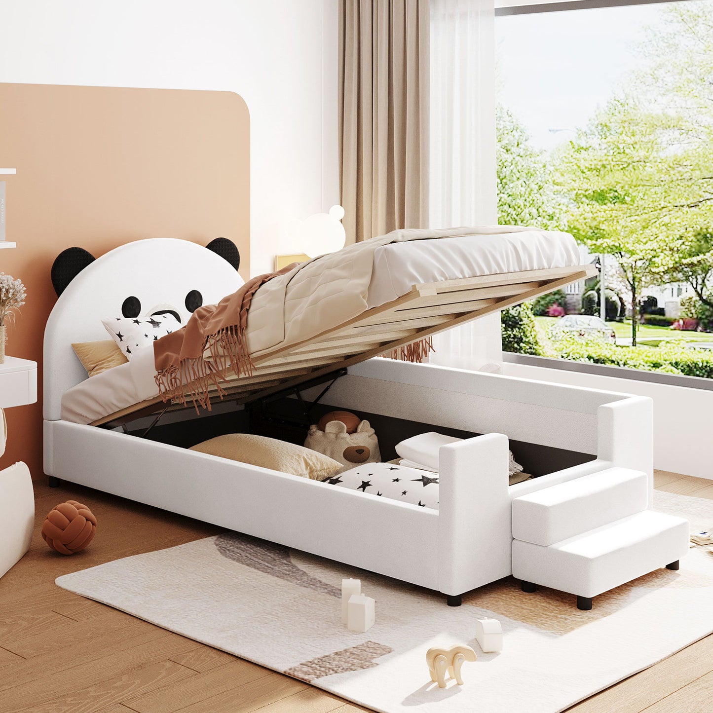 Upholstered Daybed With Bear Shaped Headboard, Hydraulic System And Breathable Fence