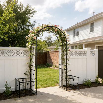 Metal Garden Arch With Two Plant Stands Wide High Climbing Plants Support Rose Arch Outdoor - Black