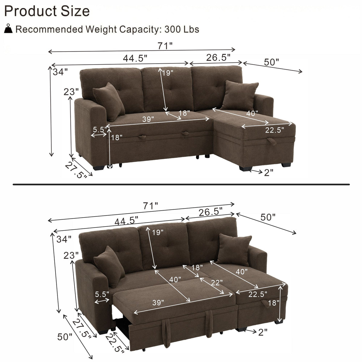 Sleeper Sectional Sofa With Pull Out Bed, Reversible Chaise, Hidden Storage