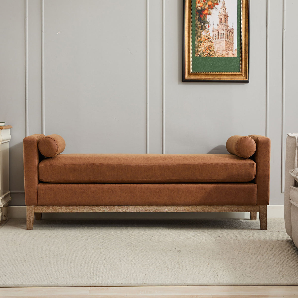 Upholstered End Of Bed Bench With Arms & 2 Bolsters For Bedroom