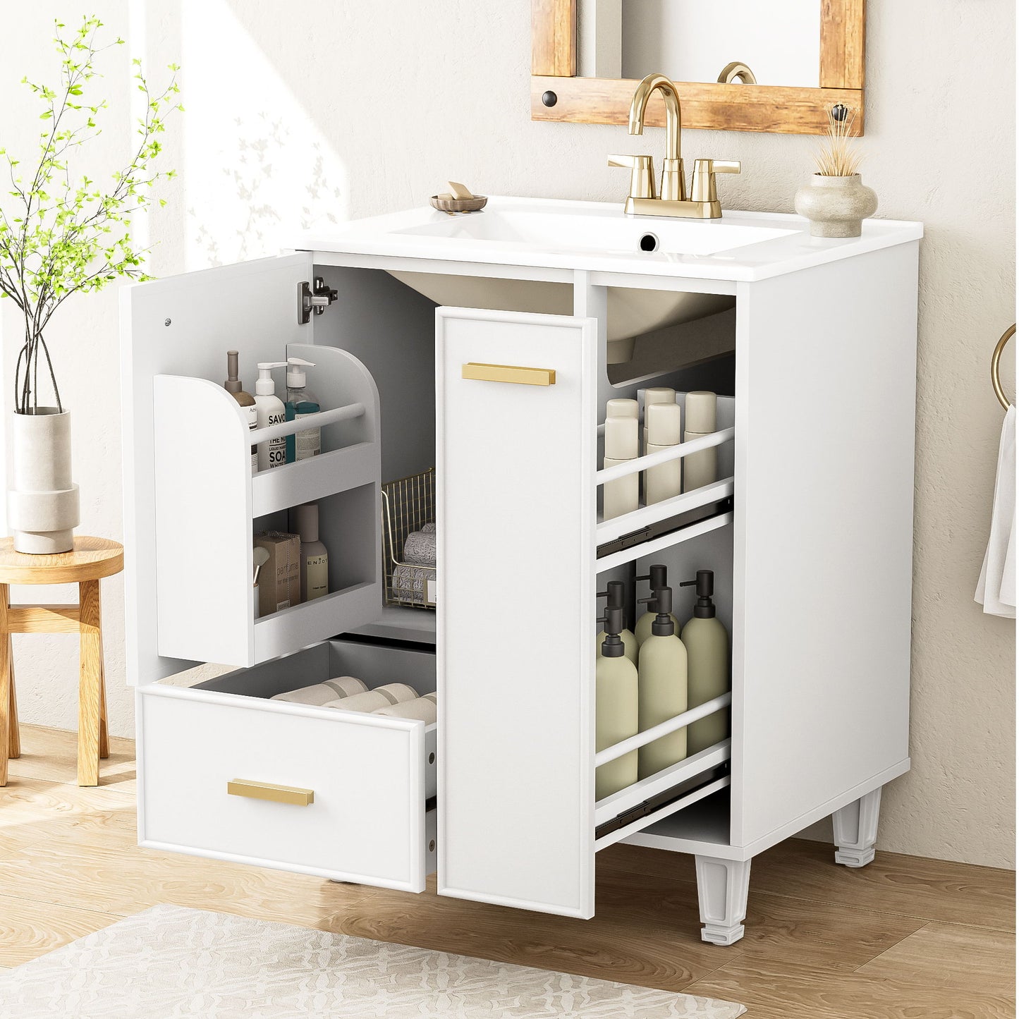 Bathroom Vanity With Sink, Deep Drawer, Door Shelf, 2 Tier Basket