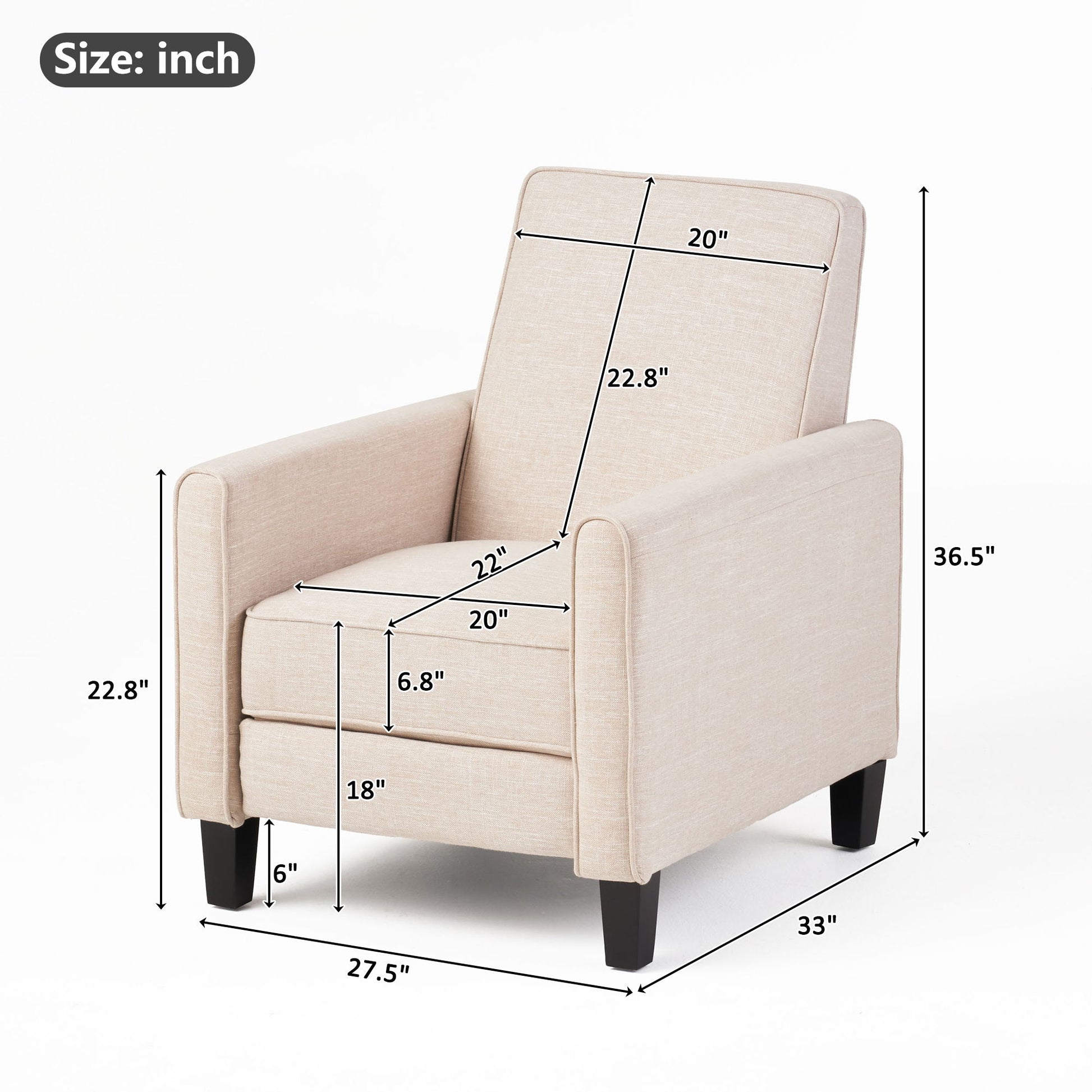 Beige armchair with dimensions marked on a white background