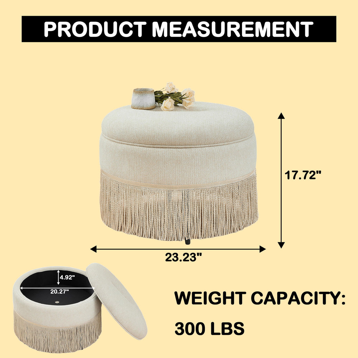 Round Storage Ottoman With Tassel, Decorative Accent Pouf For Living Room