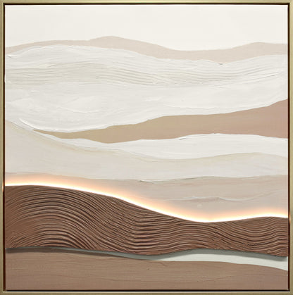 "Desert Glow II" Hand-Embellished LED In Frame - Beige / Brown / White