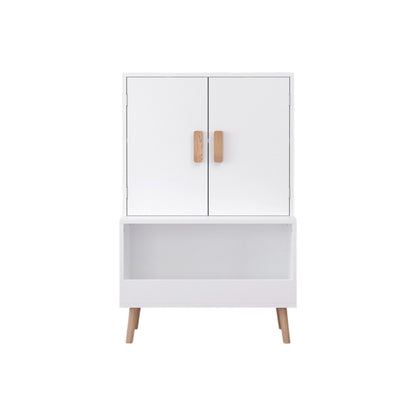 Toy Storage Cabinet With Doors And Open Shelf, Toddler Bookshelf For Playroom - White