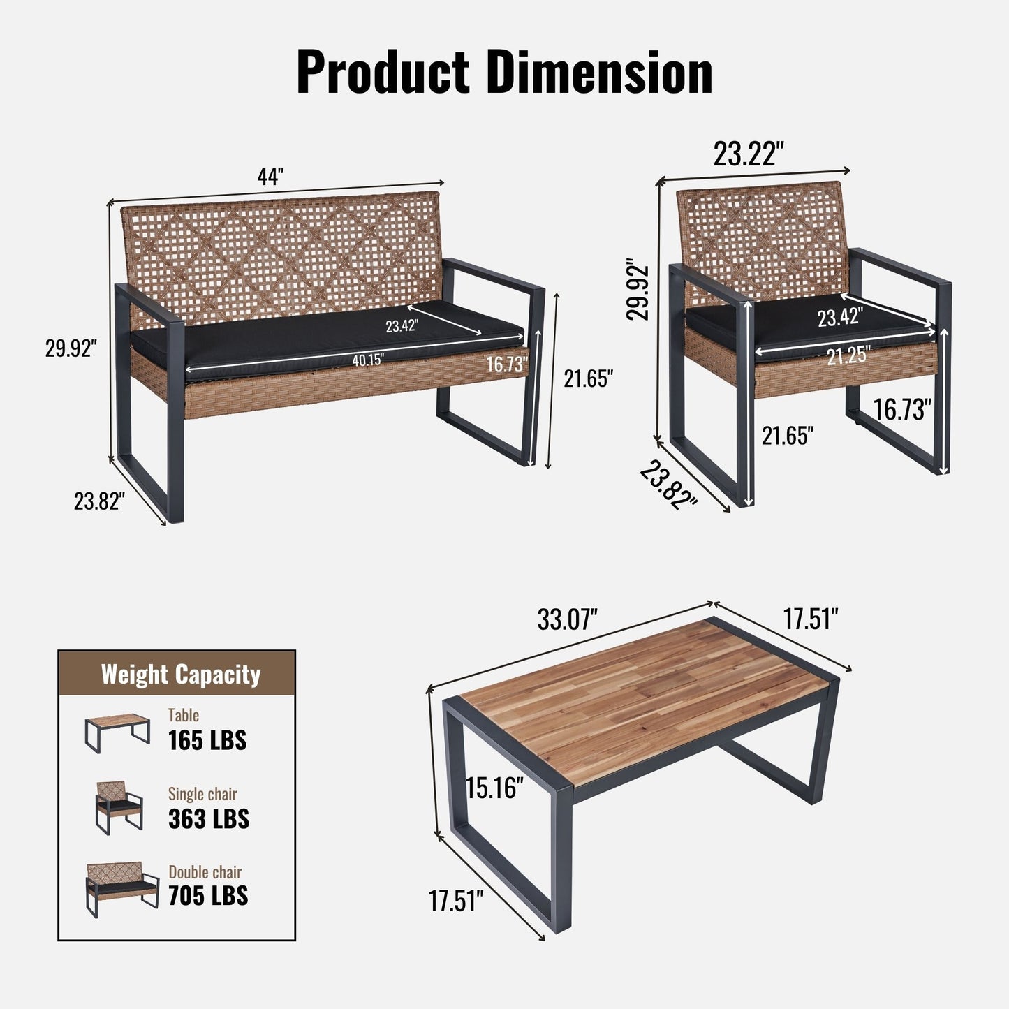 4 Piece Patio Furniture Set With Acacia Wood Table Top And Cushions