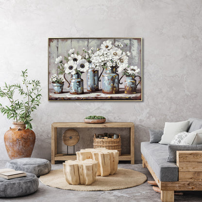 Rustic Blossoms Study Hand-Embellished Canvas In Frame - Blue / Gray