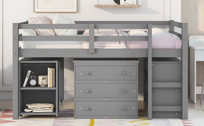 Loft Low Study Bed With Cabinet, Shelves And Rolling Portable Desk, Multiple Functions