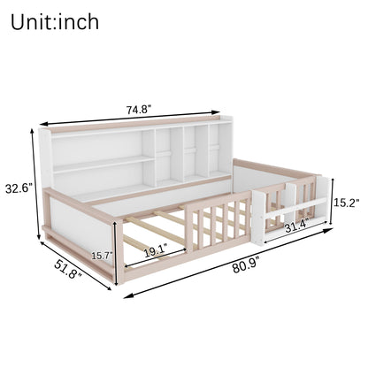 Platform Bed Frame With Guardrail, Storage Shelves & Bookshelf