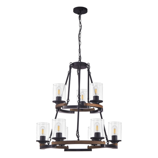 Wagon Wheel Chandelier, Ceiling Light With Adjustable Height - Black / Brown