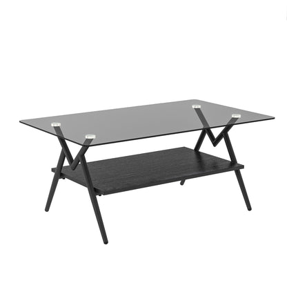 Rectangle Coffee Table With Tempered Glass Top And Shelf, Modern Table For Living Room