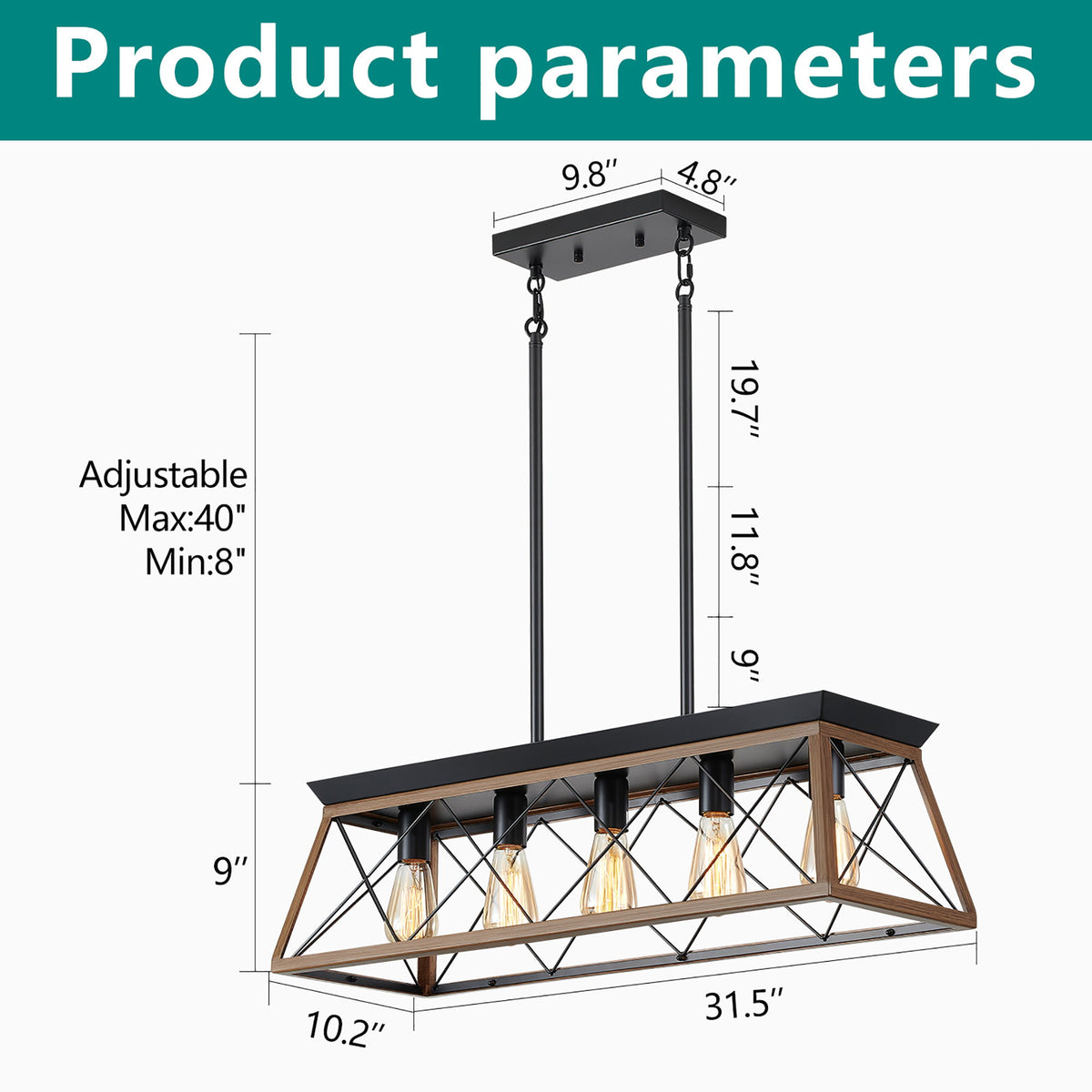Chandelier Pendant Light For Dining Room Kitchen, 5 Light Fixture With Adjustable Height