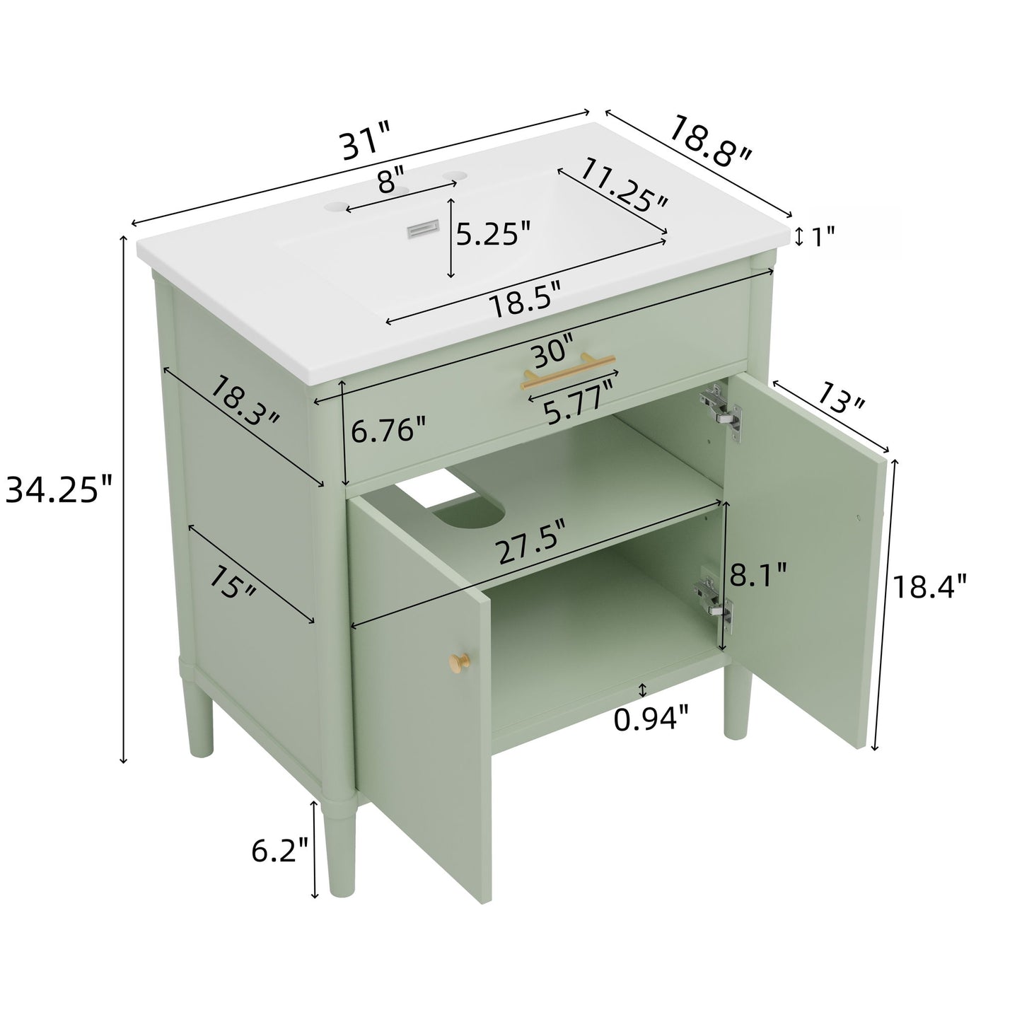 Bathroom Vanity With Sink, Soft Close Doors And Adjustable Shelf