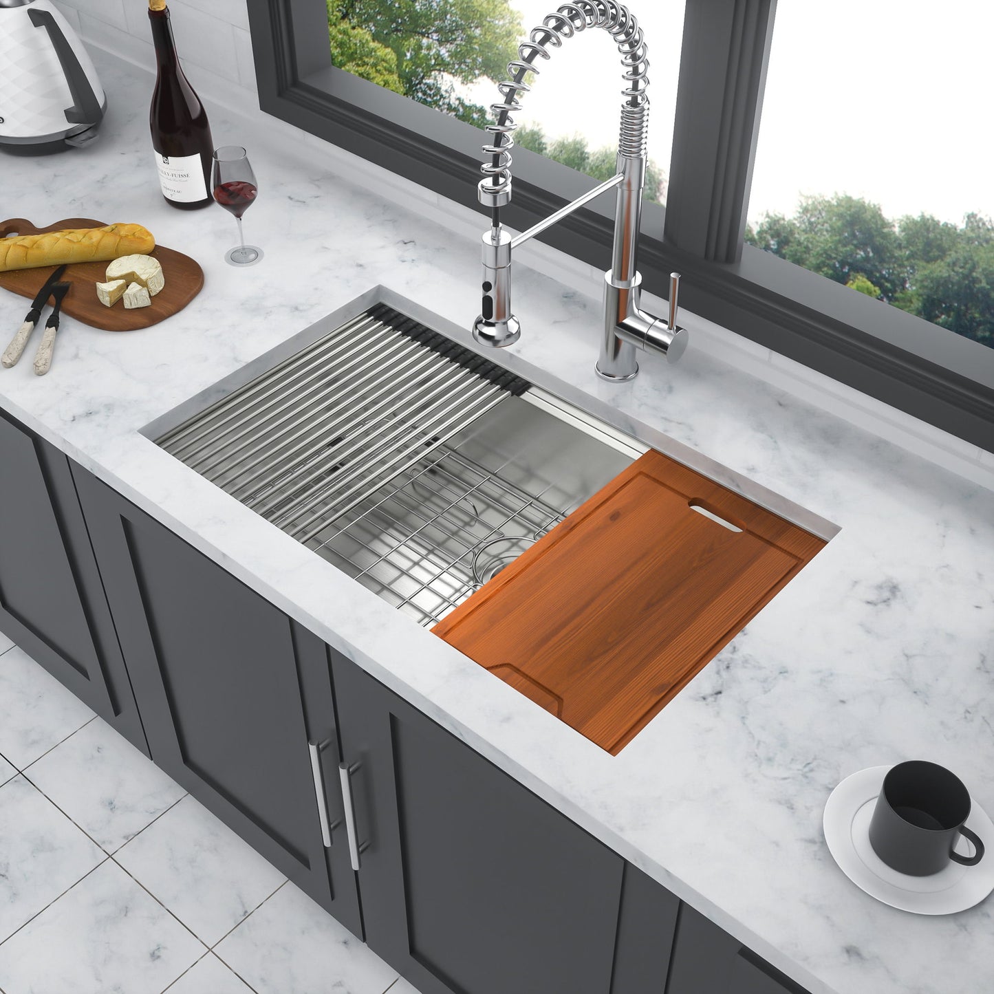 Premium Single Bowl Undermount Workstation Kitchen Sink With Accessories, Finish, 16 Gauge Stainless Steel - Black