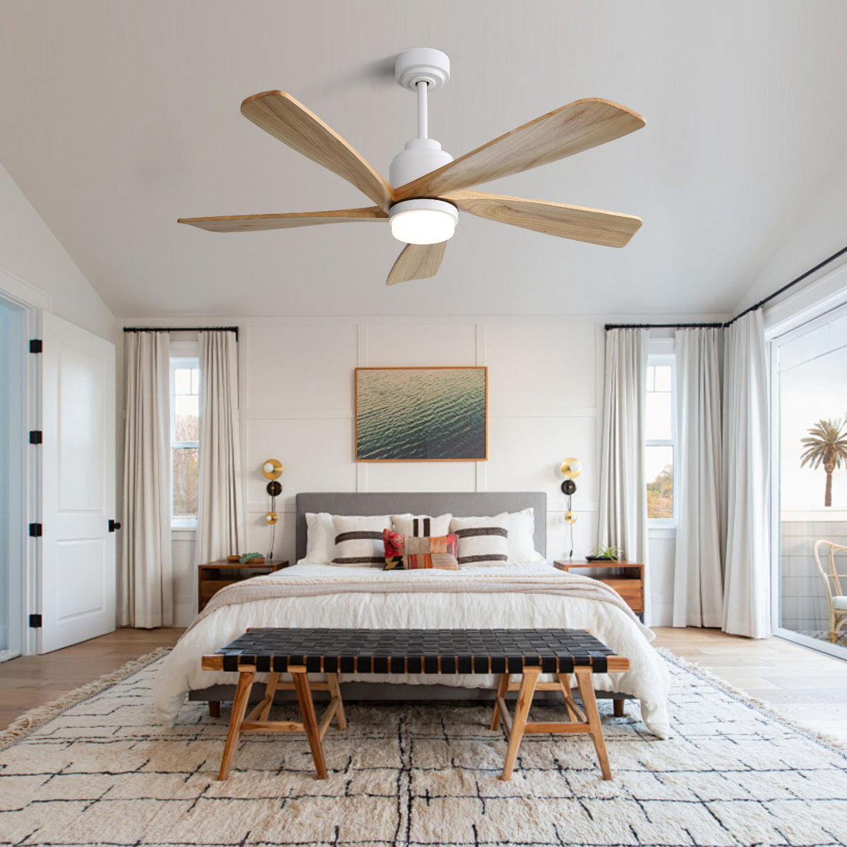 52" Smart Remote Control Ceiling Fan With Dimmable LED Light, 5 Blades, Reversible DC Motor - White