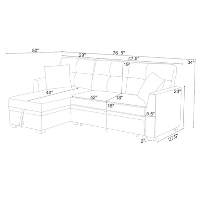 Upholstered Sectional & Pull Out Bed And Chaise Storage - Almond