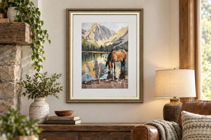 Alpine Watering II - 24 X 32 - Framed Print Under Glass - Brown, Green, Blue, Cream, Gray, White Mat, Brown Frame, Gold-Tone Frame Accents